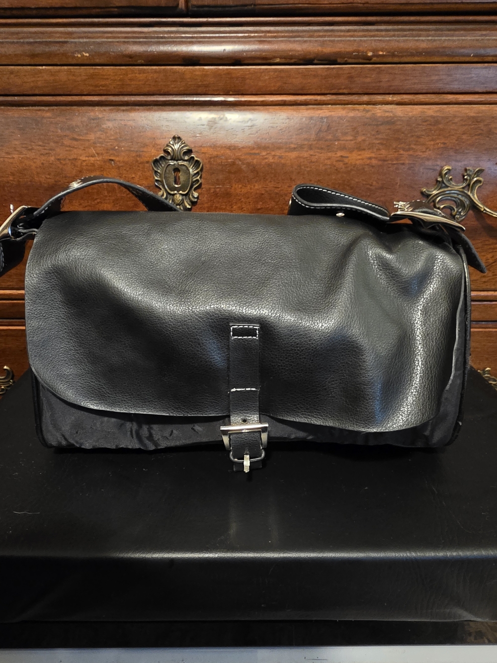 Prada Black Leather Flap Satchel with Buckle